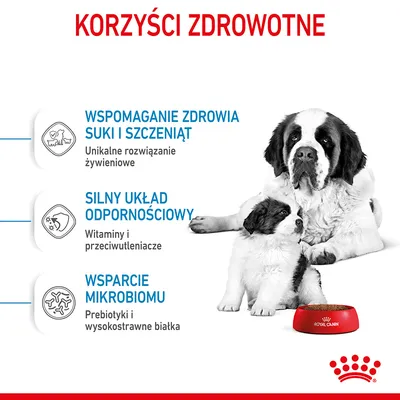 Korzyści zdrowotne: wspomaganie zdrowia suki i szczeniąt, silny układ odpornościowy, wsparcie mikrobiomu. Royal Canin. Unikalne rozwiązanie żywieniowe, witaminy, prebiotyki. Korzyści zdrowotne: wspomaganie zdrowia suki i szczeniąt, silny układ odpornościowy, wsparcie mikrobiomu. Royal Canin. Unikalne rozwiązanie żywieniowe, witaminy, prebiotyki.