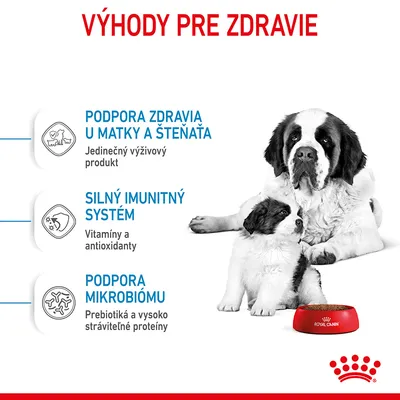 Výhody pre zdravie: podpora zdravia u matky a šteňaťa, silný imunitný systém, podpora mikrobiómu. Royal Canin miska, dospelý pes a šteňa na obrázku.