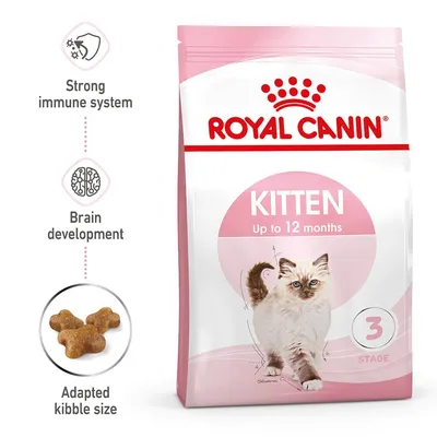 Royal Canin Kitten Up to 12 months, bild på kattunge, text: Strong immune system, Brain development, Adapted kibble size, förpackning med foderbitar och siffra 3 Stage.