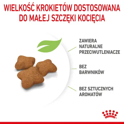 Wielkość krokietów dostosowana do małej szczęki kocięcia. Zawiera naturalne przeciwutleniacze, bez barwników, bez sztucznych aromatów. Trzy krokiety na białym tle.
