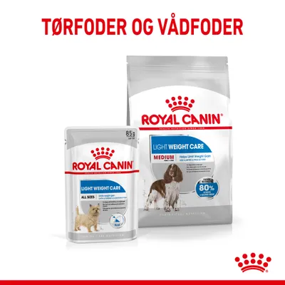 Royal Canin Light Weight Care tørfoder og vådfoder til hunde. Pakker med tekst: MEDIUM, Helps Limit Weight Gain, ALL SIZES, 85 g. TØRFODER OG VÅDFODER står øverst.