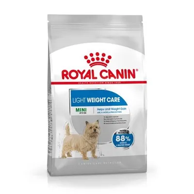 Royal Canin Light Weight Care Mini hundfoder, synlig text: Helps Limit Weight Gain, 88 % proven results, bild på liten hund på förpackningen.