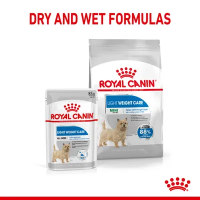 Dry and wet formulas for light weight care, helps limit weight gain. Packaging shows product available in different sizes with visible feeding information.