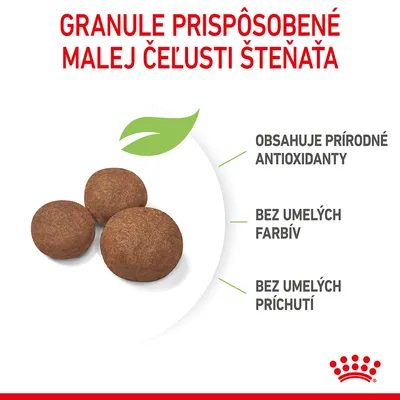 Granule prispôsobené malej čeľusti šteňaťa. Obsahuje prírodné antioxidanty, bez umelých farbív a príchutí. Zobrazené tri okrúhle granule.