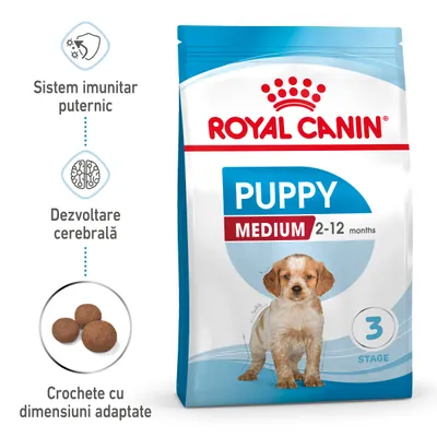 Pachet Royal Canin Puppy Medium 2–12 months, stage 3. Text vizibil: Sistem imunitar puternic, Dezvoltare cerebrală, Crochete cu dimensiuni adaptate.