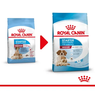 To poser Royal Canin Starter Mother & Babydog Medium 11–25 kg, venstre pose med ældre design, højre pose med nyt design. Synlig tekst: 1–2 months/mois, Adult weight 11–25 kg.