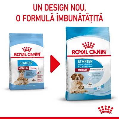Royal Canin Starter Mother & Babydog Medium 11–25 kg, design vechi și nou, text: Un design nou, o formulă îmbunătățită. Ambalaje cu câini vizibile pe ambele pungi.