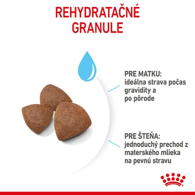 Rehydratačné granule. Pre matku: ideálna strava počas gravidity a po pôrode. Pre šteňa: jednoduchý prechod z materského mlieka na pevnú stravu. Zobrazené tri granule.