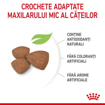 Crochete adaptate maxilarului mic al cățeilor. Conține antioxidanți naturali, fără coloranți artificiali, fără arome artificiale. Imagine cu trei crochete și frunză stilizată.