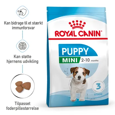 Royal Canin Puppy Mini 2–10 months. Kan bidrage til et stærkt immunforsvar, kan støtte hjernens udvikling, tilpasset foderpillesstørrelse. Billede af hundehvalp og foderpiller.