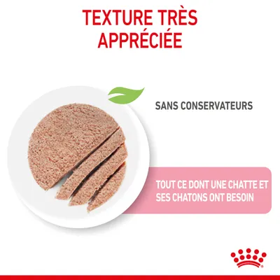 Texture très appréciée, sans conservateurs, tout ce dont une chatte et ses chatons ont besoin. Rondelle de pâtée tranchée sur assiette, marque Royal Canin visible.