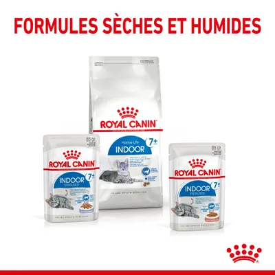 Royal Canin Indoor 7+ pour chats, formules sèches et humides visibles : sachets 85 g et sac, texte sur l’emballage : Home Life Indoor 7+, Sterilised, Feline Health Nutrition.