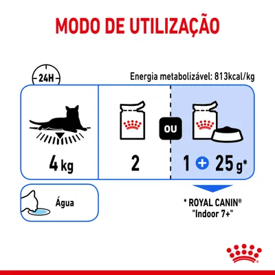 Modo de utilização para gato de 4 kg: 2 saquetas Royal Canin ou 1 saqueta mais 25 g de ração seca Indoor 7+. Energia metabolizável: 813 kcal/kg. Água disponível.