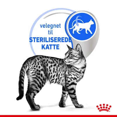 velegnet til STERILISEREDE KATTE, tekst og grafisk katteikon samt foto af en stribet kat. Rød krone nederst.