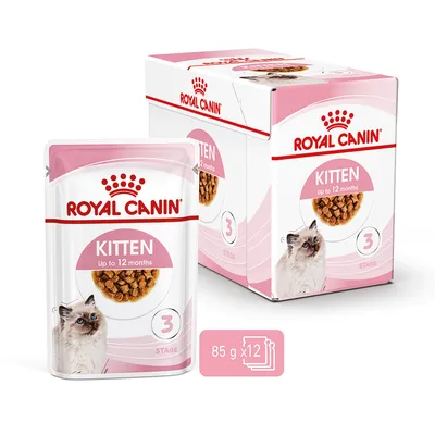 Royal Canin Kitten food, up to 12 months, stage 3, pack of 12 pouches, each 85g. Image shows pouch and box with product details.