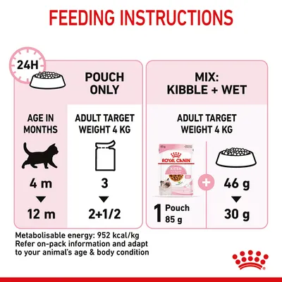 Feeding instructions for kittens aged 4 to 12 months, showing pouch-only and mixed kibble plus wet food options for a 4kg adult target weight. Includes portion sizes and energy info.