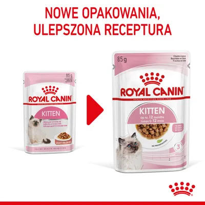 Nowe opakowanie karmy Royal Canin Kitten 85 g, ulepszona receptura. Porównanie starego i nowego wyglądu saszetki z widocznym napisem 'Up to 12 months'.