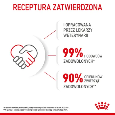Receptura zatwierdzona i opracowana przez lekarzy weterynarii. 99% hodowców zadowolonych, 90% opiekunów zwierząt zadowolonych. Royal Canin.