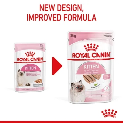 Comparison of old and new Royal Canin Kitten food packaging, showing updated design and improved formula for kittens up to 12 months. Text: New design, improved formula.