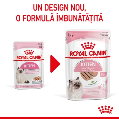Royal Canin Kitten 85 g, design nou și formulă îmbunătățită. Ambalaj vechi și nou pentru hrană umedă pisici până la 12 luni, text vizibil: 'No preservatives', 'In loaf in sauce'.