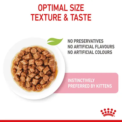 Product features: optimal size, texture and taste; no preservatives, artificial flavours or colours; instinctively preferred by kittens. Image shows chunks of food in gravy on a plate.