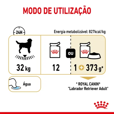Modo de utilização para cão de 32 kg: 12 unidades ou 1 unidade mais 373 g de Royal Canin Labrador Retriever Adult por dia. Energia metabolizável: 827 kcal/kg. Água disponível.