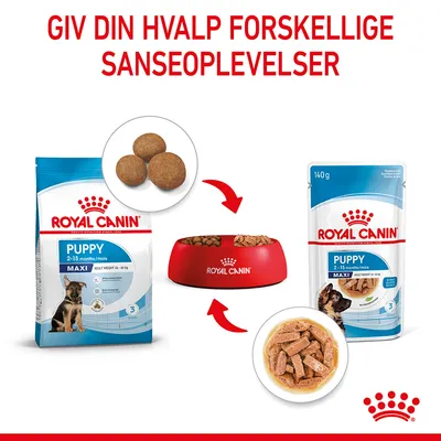 Royal Canin Puppy Maxi tørfoder og vådfoder 2–15 måneder, poser og skål med foder. Tekst: Giv din hvalp forskellige sanseoplevelser.