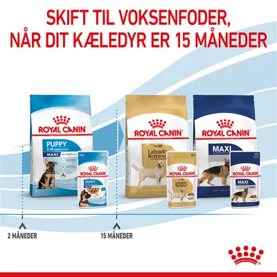 Skift til voksenfoder, når dit kæledyr er 15 måneder. Royal Canin Puppy og Adult foderposer og dåser vist med mærkning: 2 måneder og 15 måneder.