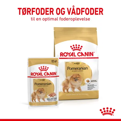 Royal Canin Adult Pomeranian tørfoder og vådfoder. Tekst: Tørfoder og vådfoder til en optimal foderoplevelse. Pakker med billede af Pomeranian-hund.