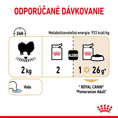 Odporúčané dávkovanie pre psa 2 kg: 2 konzervy alebo 1 konzerva a 26 g granúl Royal Canin Pomeranian Adult denne, metabolizovateľná energia 933 kcal/kg, voda vždy k dispozícii.