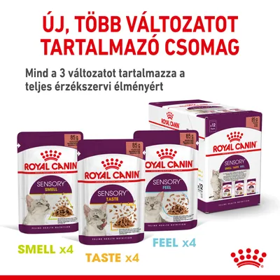 Royal Canin Sensory csomag: 12 x 85 g alutasakos macskaeledel, 3 változatban (Smell, Taste, Feel), mindegyikből 4 db. Felirat: Új, több változatot tartalmazó csomag.