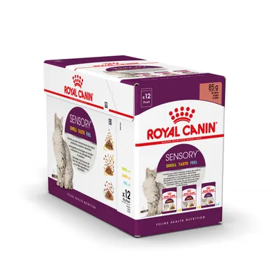 Confezione Royal Canin Sensory Smell Taste Feel per gatti, 12 buste da 85 g ciascuna. Sulla scatola: immagini di un gatto e delle tre varianti Sensory, testo 'Feline Health Nutrition'.