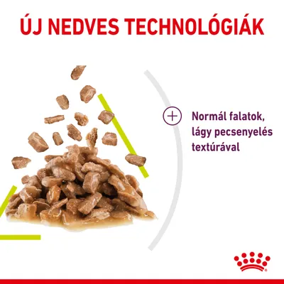 Új nedves technológiák. Normál falatok, lágy pecsenyelés textúrával. Húsdarabok szószban, Royal Canin márkajelzés a sarokban.