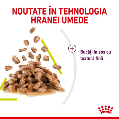 NOUTATE ÎN TEHNOLOGIA HRANEI UMEDE. Bucăți în sos cu textură fină, imagine cu hrană umedă sub formă de bucăți în sos. Simbol Royal Canin vizibil jos dreapta.