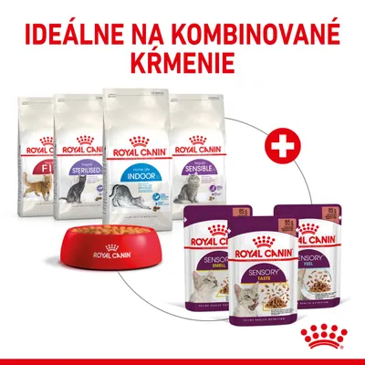 Royal Canin Fit, Sterilised, Indoor, Sensible suché krmivo a Sensory Smell, Taste, Feel kapsičky pre mačky. Text: Ideálne na kombinované kŕmenie.