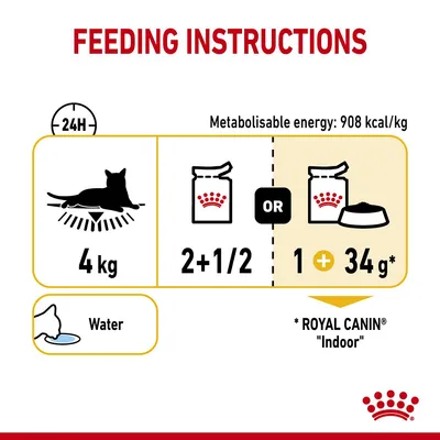 Feeding instructions: for a 4kg cat, feed either 2 and a half pouches daily or 1 pouch plus 34g dry food. Always provide water. Metabolisable energy: 908 kcal per kg.