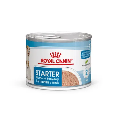 Tin labelled Royal Canin Starter, Mother & Babydog, 1-2 months, ultra soft mousse, no preservatives, stage 2.