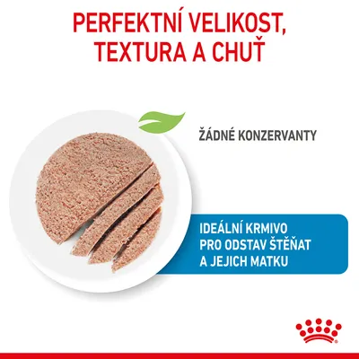 Perfektní velikost, textura a chuť. Žádné konzervanty. Ideální krmivo pro odstav štěňat a jejich matku. Zobrazeno krmivo na talíři.