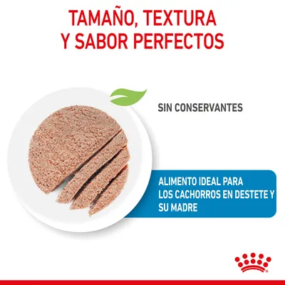 Tamaño, textura y sabor perfectos. Sin conservantes. Alimento ideal para los cachorros en destete y su madre. Imagen de comida húmeda cortada en rodajas sobre un plato.