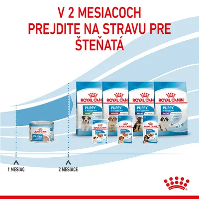 V 2 mesiacoch prejdite na stravu pre šteňatá. Royal Canin Starter od 1 mesiaca, Puppy Mini, Medium, Maxi, Giant od 2 mesiacov. Balenia s obrázkami šteniat a názvami produktov.