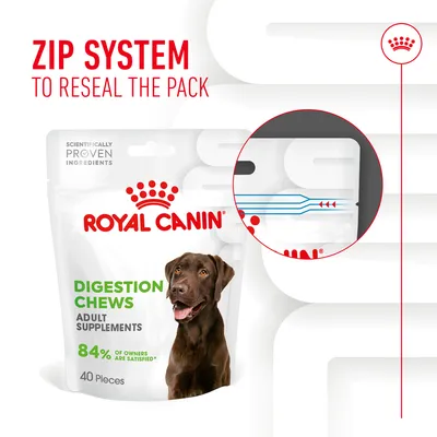 Image showing zip system feature to reseal the pack for Royal Canin Digestion Chews adult supplements, with a close-up of the resealable mechanism and product packaging.