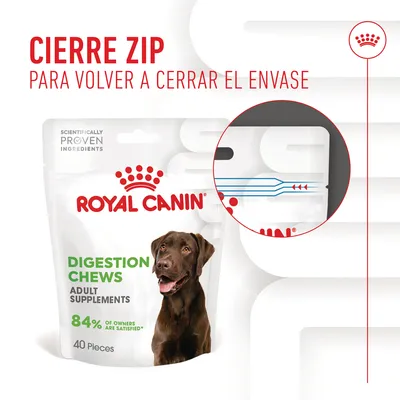 Envase de Royal Canin Digestion Chews Adult Supplements con cierre zip. Texto: 'CIERRE ZIP para volver a cerrar el envase'. 84% of owners are satisfied*. 40 pieces.