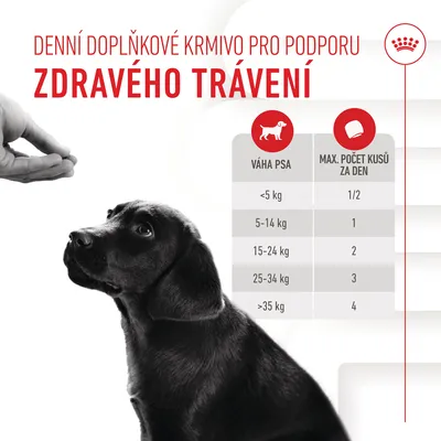 Denní doplňkové krmivo pro podporu zdravého trávení. Tabulka dávkování: váha psa <5 kg 1/2 ks, 5–14 kg 1 ks, 15–24 kg 2 ks, 25–34 kg 3 ks, >35 kg 4 ks denně.