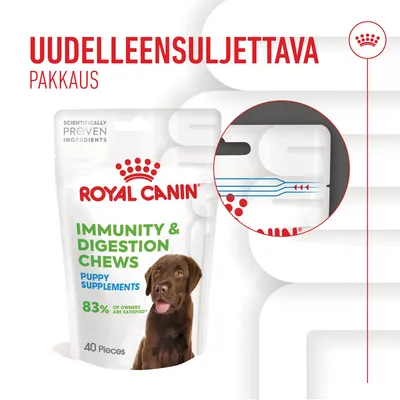 Royal Canin Immunity & Digestion Chews Puppy Supplements -pussi, 40 kpl. Uudelleensuljettava pakkaus. Teksti: 83 % of owners are satisfied, scientifically proven ingredients.