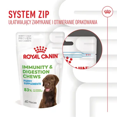 ROYAL CANIN Immunity & Digestion Chews Puppy Supplements, 40 Pieces. System ZIP ułatwiający zamykanie i otwieranie opakowania. 83% of owners are satisfied.