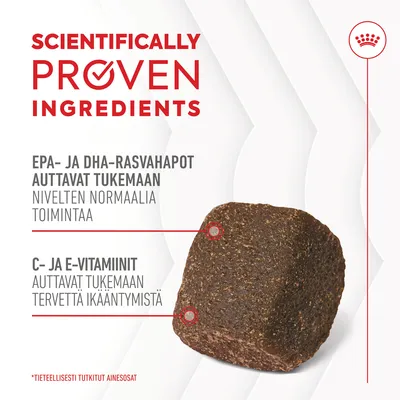 Teksti: SCIENTIFICALLY PROVEN INGREDIENTS. EPA- ja DHA-rasvahapot auttavat tukemaan nivelten normaalia toimintaa. C- ja E-vitamiinit auttavat tukemaan tervettä ikääntymistä.