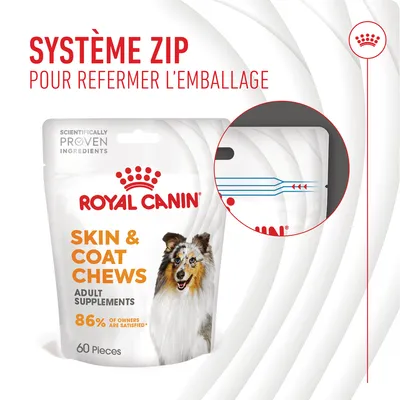 ROYAL CANIN Skin & Coat Chews Adult Supplements, 60 pièces. Système zip pour refermer l’emballage. 86 % of owners are satisfied. Scientifically proven ingredients.