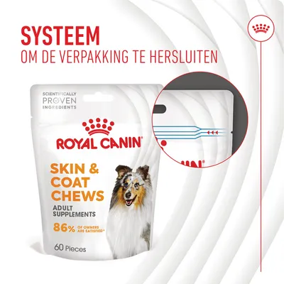 Royal Canin Skin & Coat Chews Adult Supplements, 60 stuks. Systeem om de verpakking te hersluiten zichtbaar. 86% of owners are satisfied. Scientifically proven ingredients.