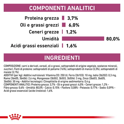 Componenti analitici: proteina grezza 3,7 %, oli e grassi grezzi 6,0 %, ceneri grezze 1,2 %, umidità 80,0 %, acidi grassi essenziali 1,6 %. Ingredienti e additivi elencati in dettaglio.