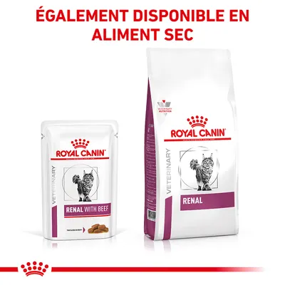 ROYAL CANIN VETERINARY RENAL WITH BEEF sachet et ROYAL CANIN VETERINARY RENAL sac, texte : ÉGALEMENT DISPONIBLE EN ALIMENT SEC